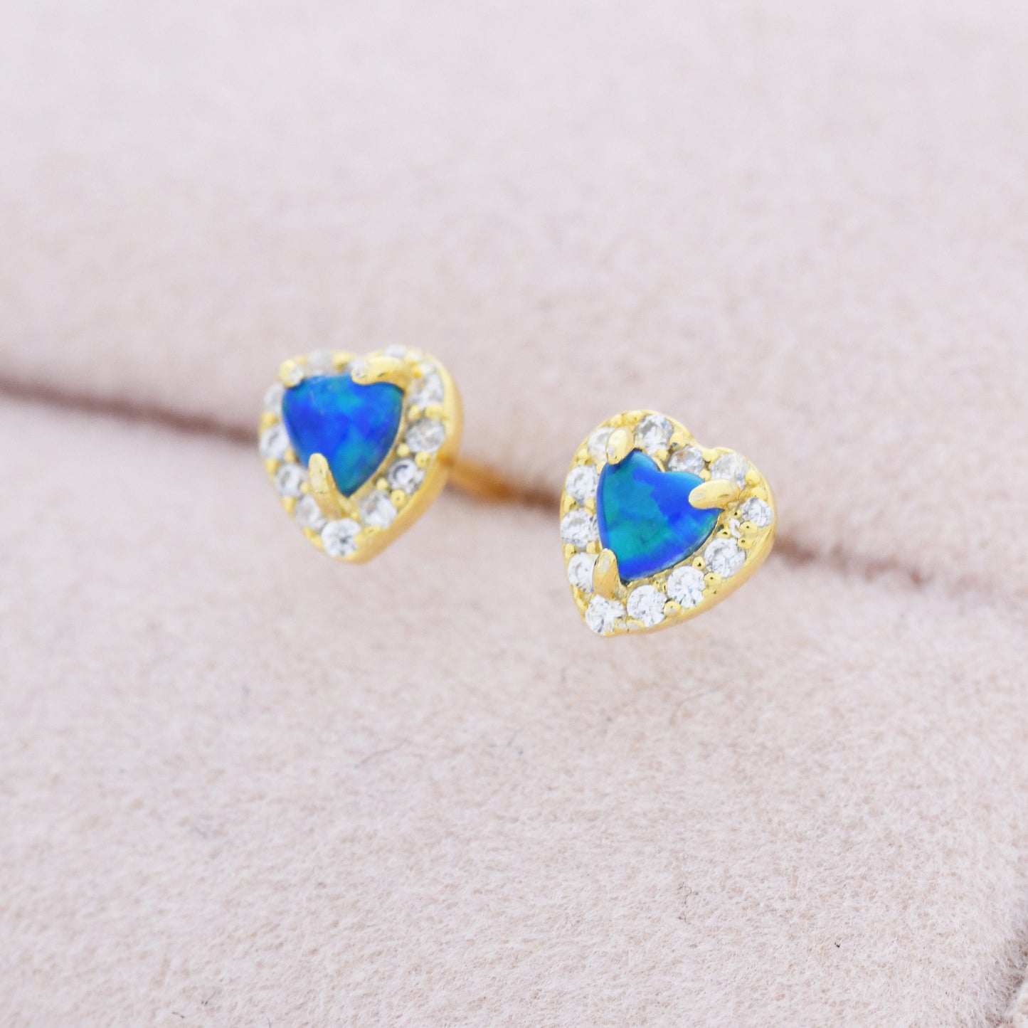 Tiny Blue Opal Heart with CZ Stud Earrings in Sterling Silver, Silver, Gold or Rose Gold, Vintage Inspired Design