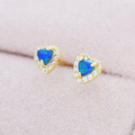 Tiny Blue Opal Heart with CZ Stud Earrings in Sterling Silver, Silver, Gold or Rose Gold, Vintage Inspired Design