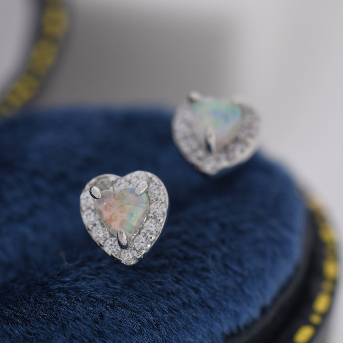 Tiny Opal Heart with CZ Stud Earrings in Sterling Silver, Silver, Gold or Rose Gold, Vintage Inspired Design