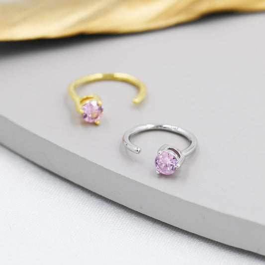 Minimalist Pink CZ Crystal Huggie Hoop Threader Earrings in Sterling Silver, 3mm Three Prong, Gold or Silver, Pull Through Open Hoops