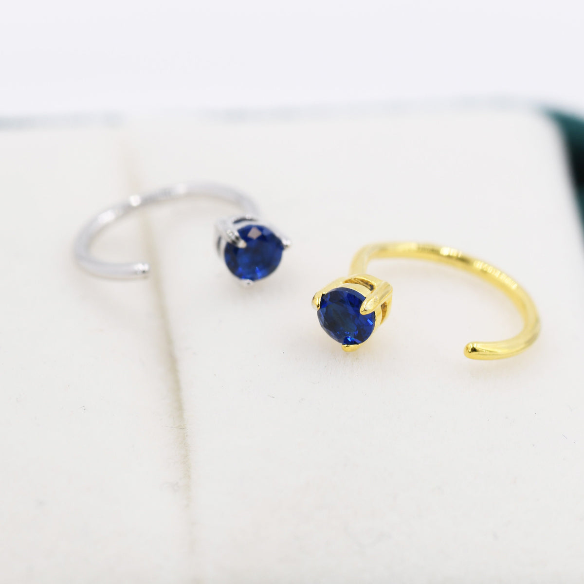 Sapphire Blue CZ Crystal Huggie Hoop Threader Earrings in Sterling Silver, 3mm Three Prong, Gold or Silver, Pull Through Open Hoops