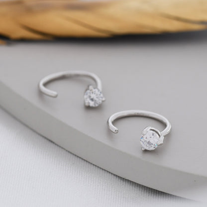 CZ Huggie Hoop Threader Earrings in Sterling Silver, 3mm Three Prong, Gold or Silver, Half Hoop Earrings, Pull Through Open Hoops