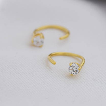 CZ Huggie Hoop Threader Earrings in Sterling Silver, 3mm Three Prong, Gold or Silver, Half Hoop Earrings, Pull Through Open Hoops