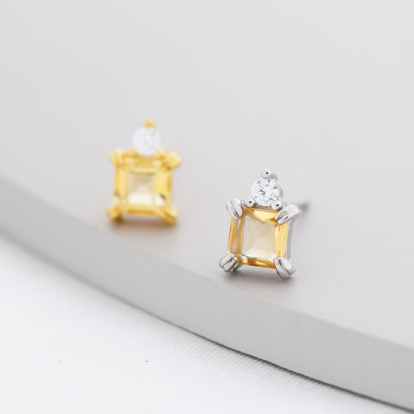 Genuine Square Cut Citrine with CZ Stud Earrings in Sterling Silver, Natural Citrine Crystal Earrings, November Birthstone