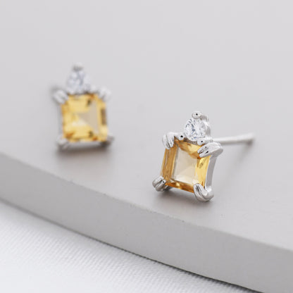 Genuine Square Cut Citrine with CZ Stud Earrings in Sterling Silver, Natural Citrine Crystal Earrings, November Birthstone