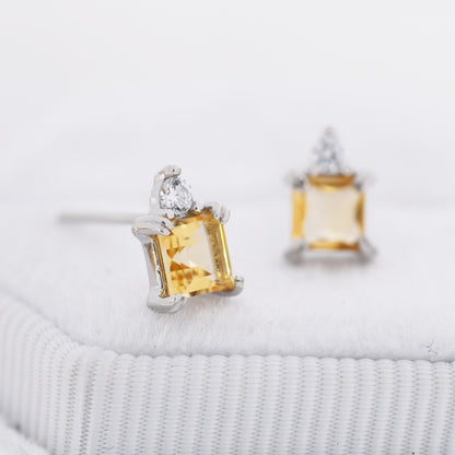 Genuine Square Cut Citrine with CZ Stud Earrings in Sterling Silver, Natural Citrine Crystal Earrings, November Birthstone