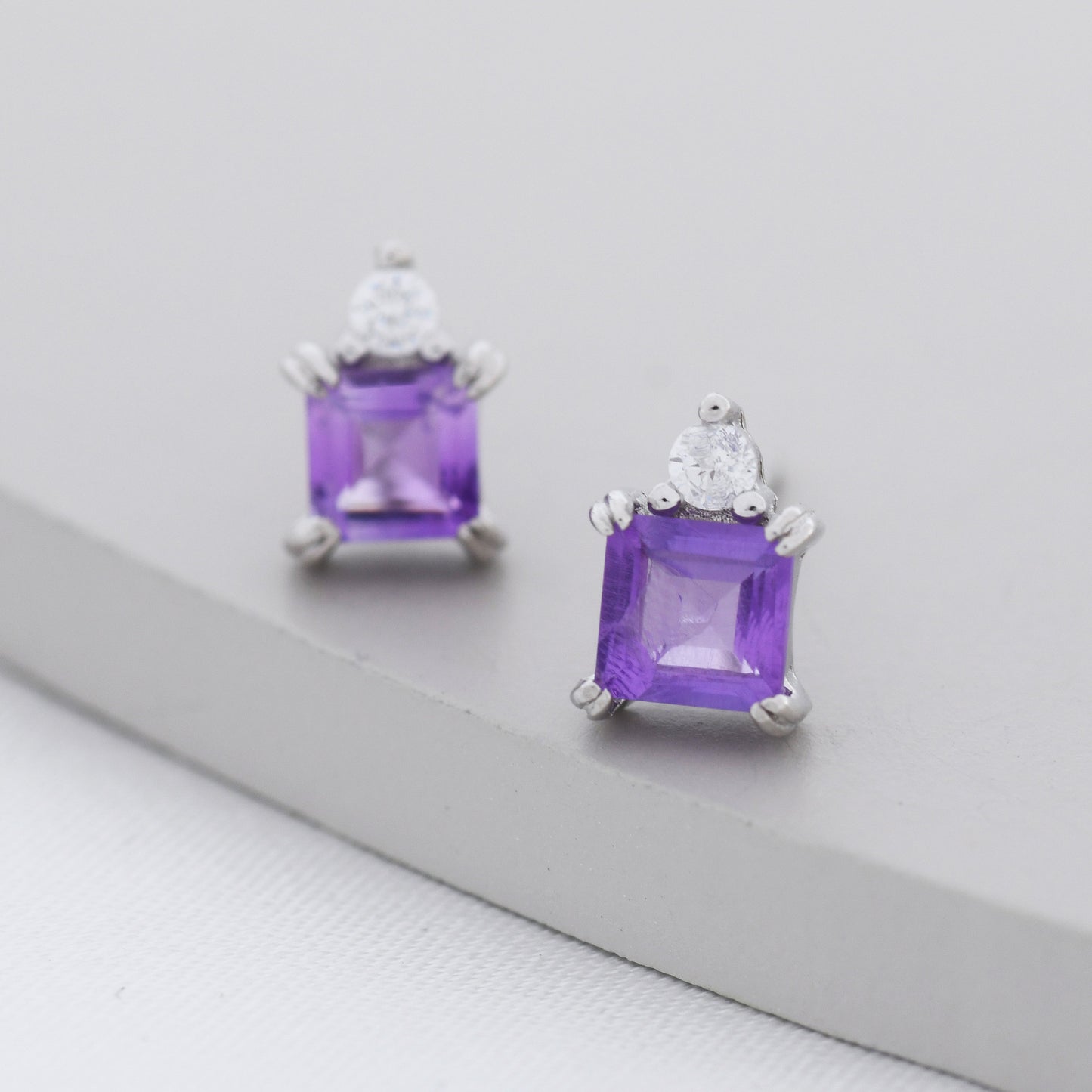 Genuine Square Cut Amethyst with CZ Stud Earrings in Sterling Silver, Natural Purple Amethyst Crystal Earrings, Amethyst Birthstone