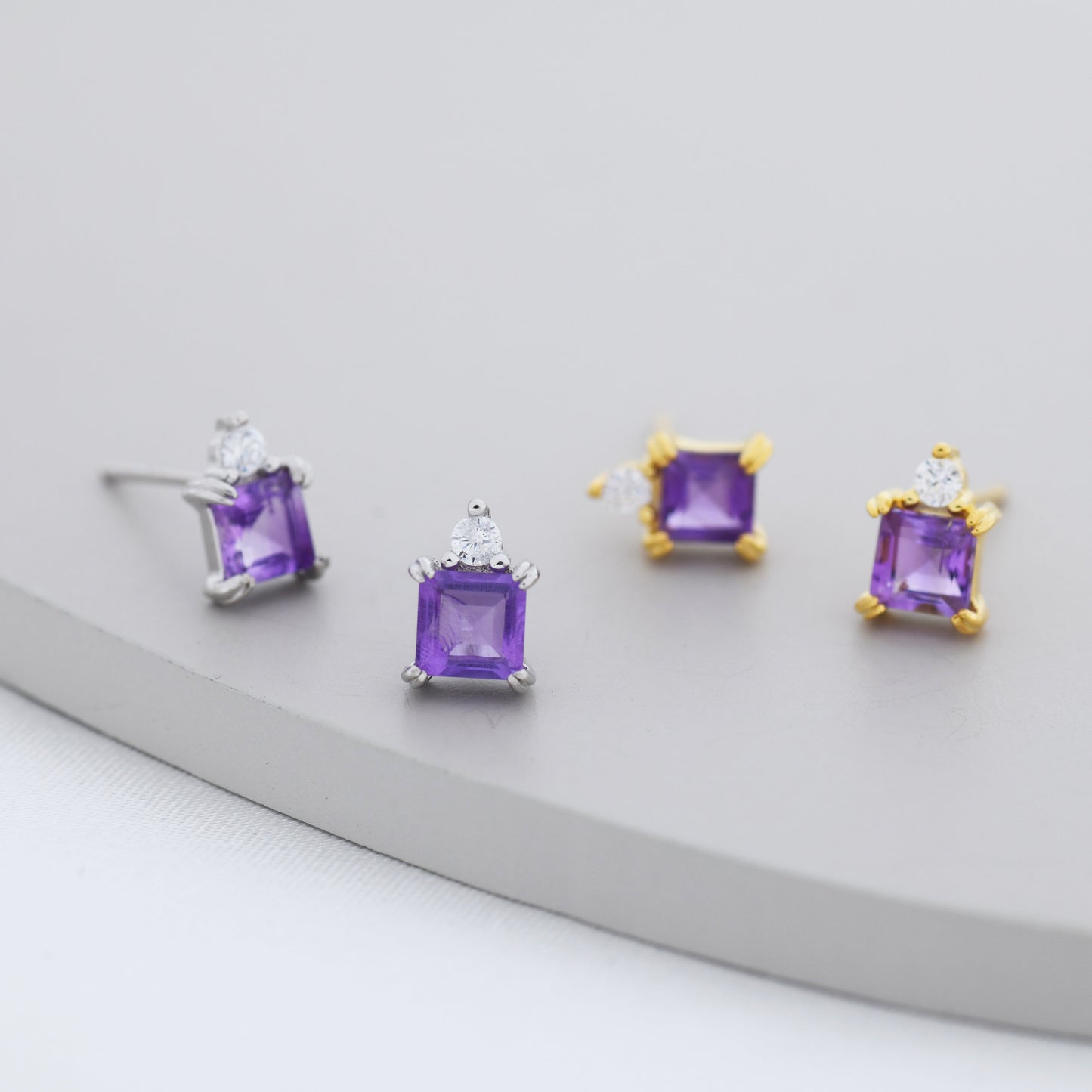 Genuine Square Cut Amethyst with CZ Stud Earrings in Sterling Silver, Natural Purple Amethyst Crystal Earrings, Amethyst Birthstone