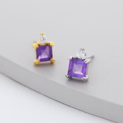 Genuine Square Cut Amethyst with CZ Stud Earrings in Sterling Silver, Natural Purple Amethyst Crystal Earrings, Amethyst Birthstone