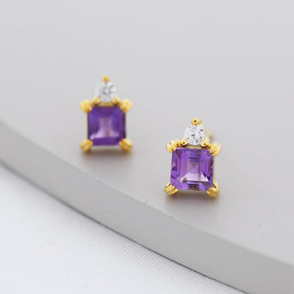 Genuine Square Cut Amethyst with CZ Stud Earrings in Sterling Silver, Natural Purple Amethyst Crystal Earrings, Amethyst Birthstone