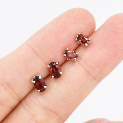Genuine Garnet Crystal Stud Earrings in Sterling Silver, Natural Red Garnet Oval Earrings, January Birthstone