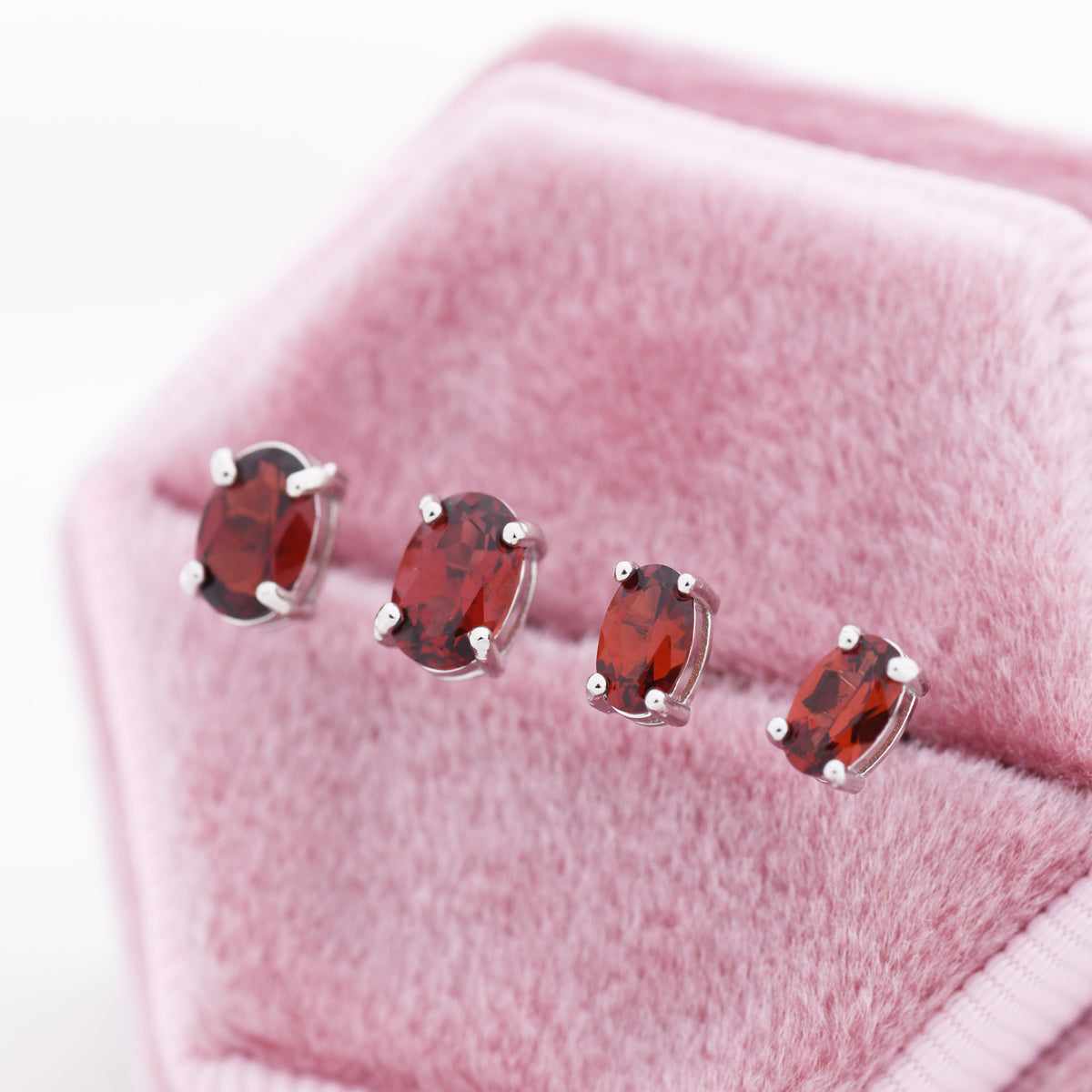 Genuine Garnet Crystal Stud Earrings in Sterling Silver, Natural Red Garnet Oval Earrings, January Birthstone