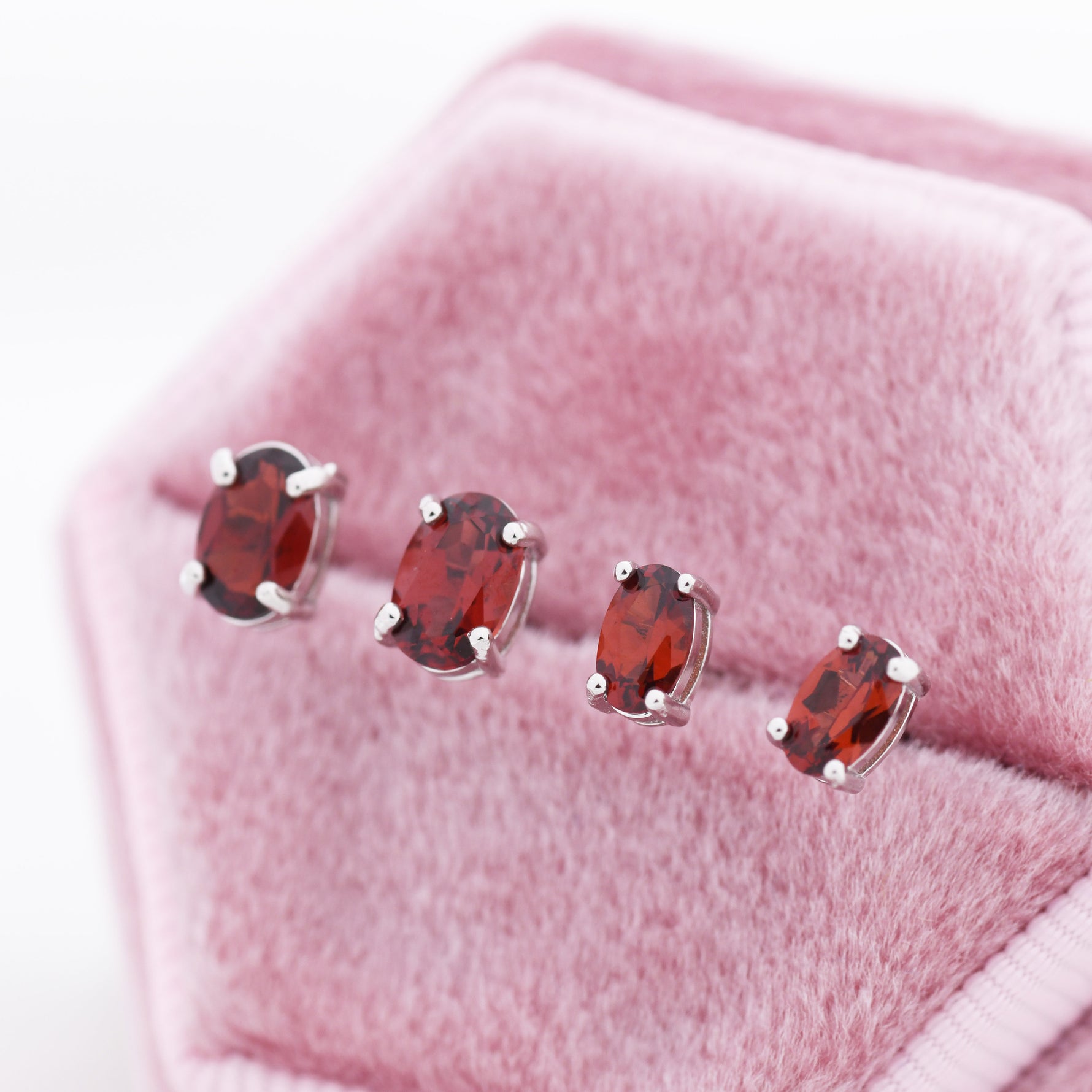 Genuine Garnet Crystal Stud Earrings in Sterling Silver, Natural Red Garnet Oval Earrings, January Birthstone