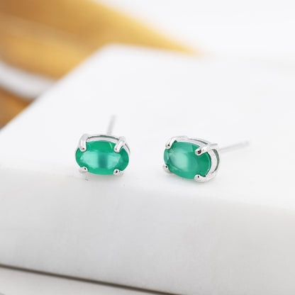 Genuine Green Onyx Crystal Stud Earrings in Sterling Silver, Natural Green Onyx Oval Stud Earrings,