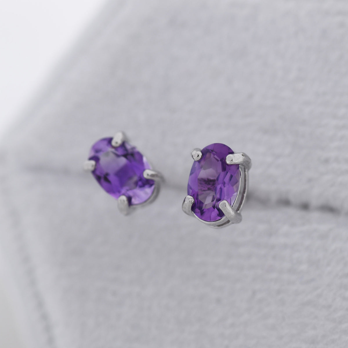 Genuine Amethyst Crystal Stud Earrings in Sterling Silver, Natural Purple Amethyst Oval Stud Earrings, February Birthstone