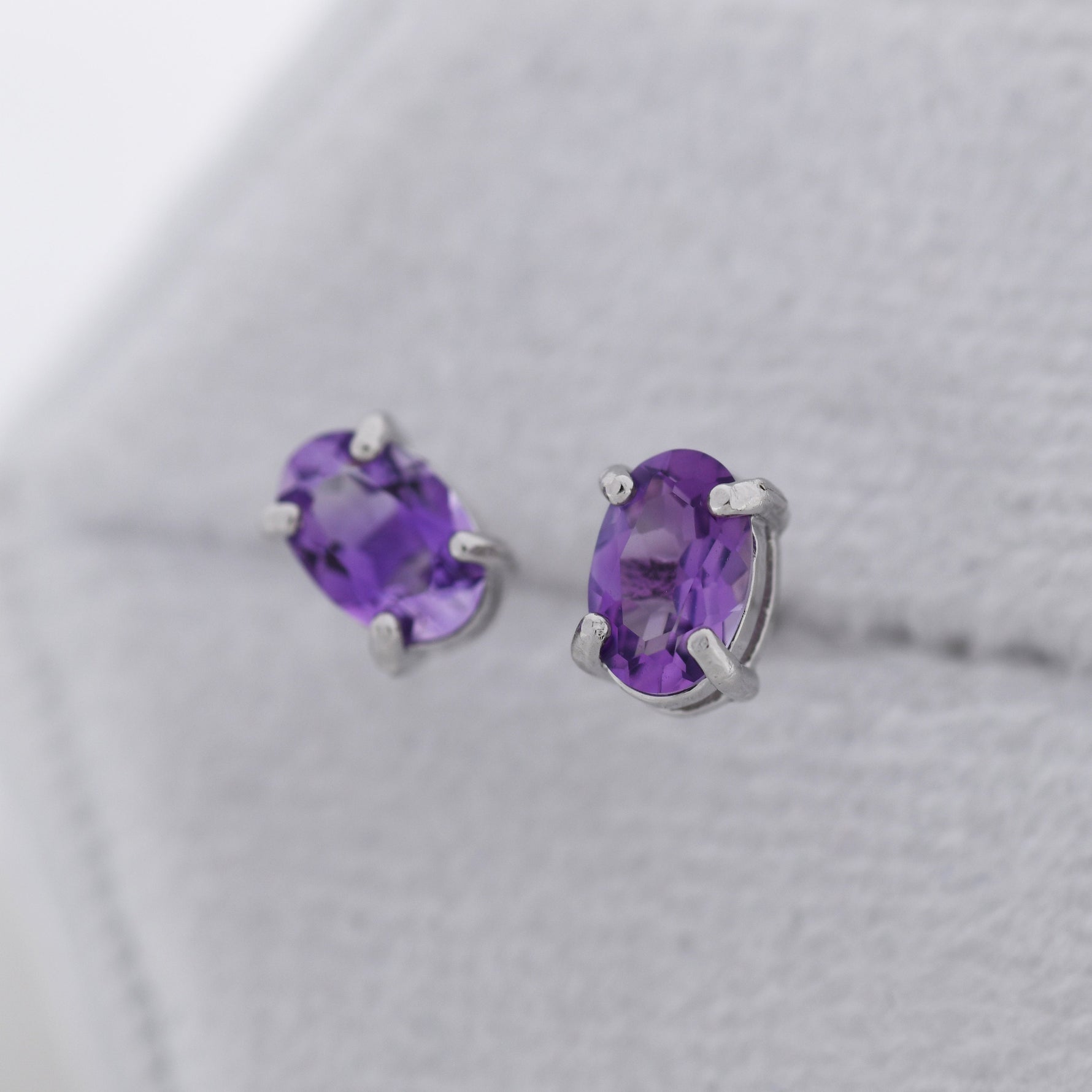 Genuine Amethyst Crystal Stud Earrings in Sterling Silver, Natural Purple Amethyst Oval Stud Earrings, February Birthstone