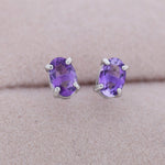 Genuine Amethyst Crystal Stud Earrings in Sterling Silver, Natural Purple Amethyst Oval Stud Earrings, February Birthstone