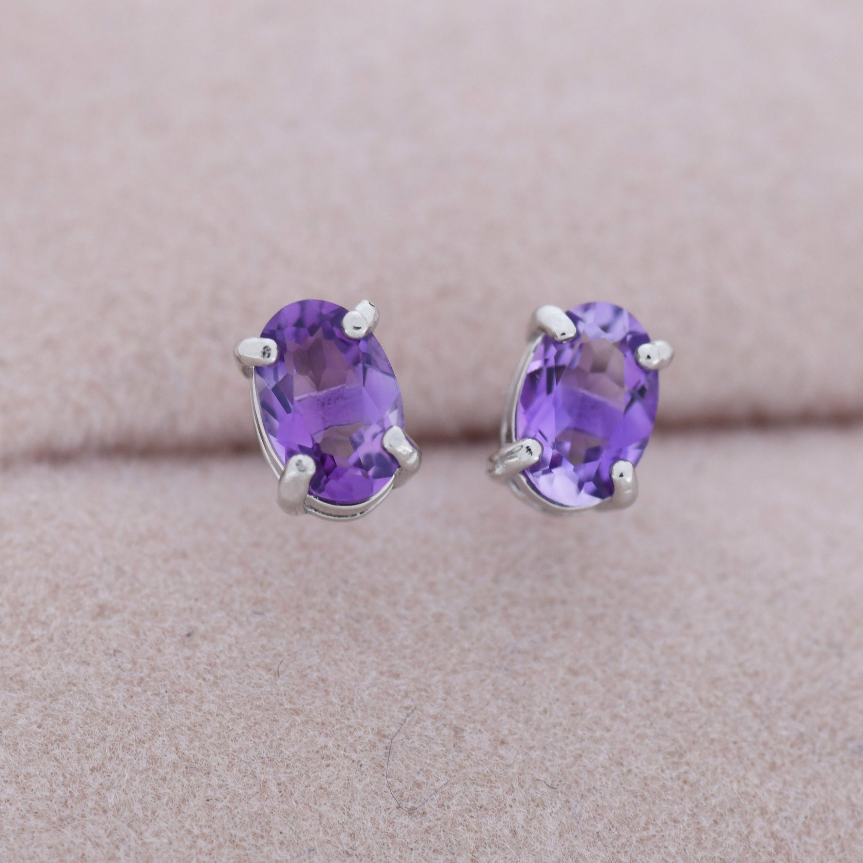 Genuine Amethyst Crystal Stud Earrings in Sterling Silver, Natural Purple Amethyst Oval Stud Earrings, February Birthstone