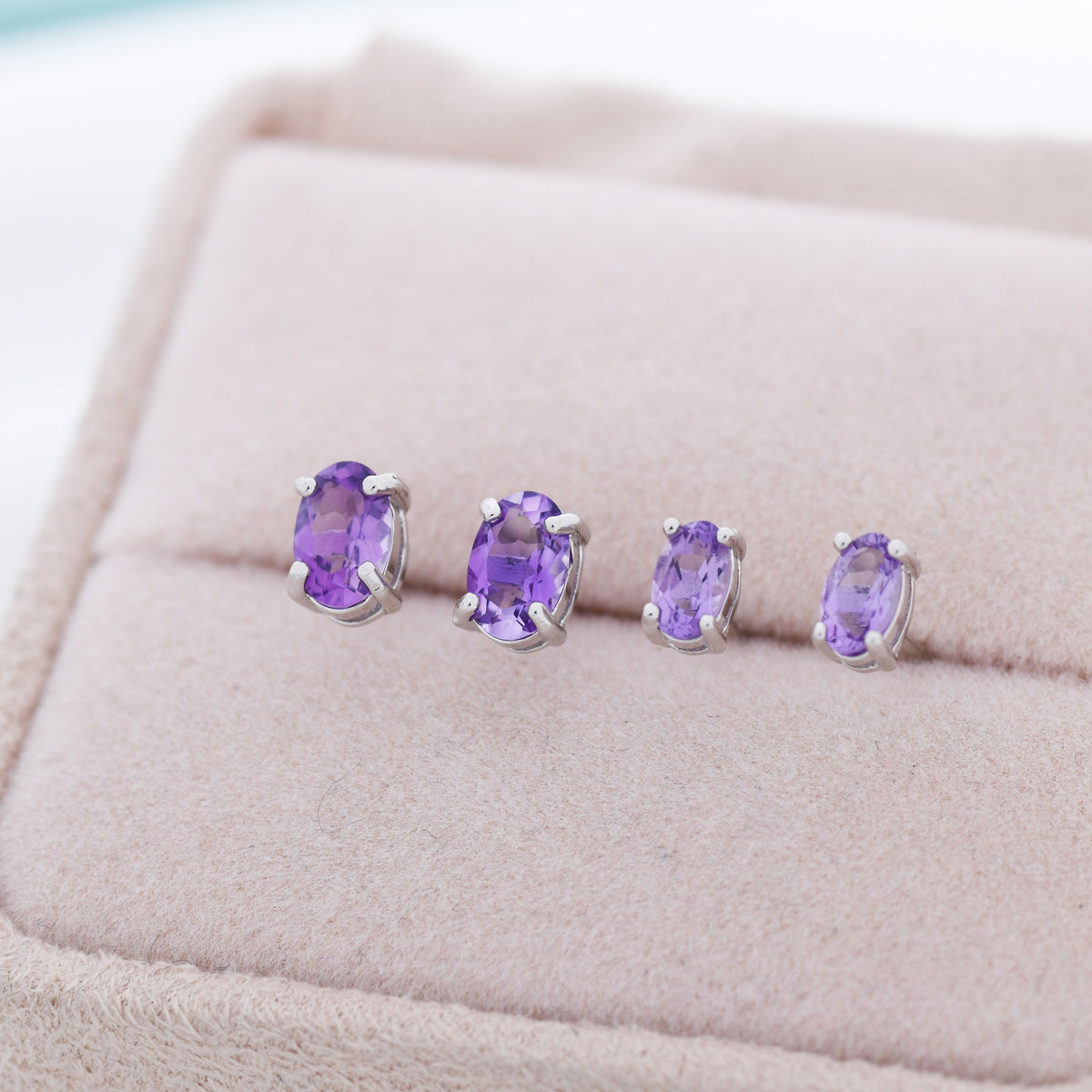 Genuine Amethyst Crystal Stud Earrings in Sterling Silver, Natural Purple Amethyst Oval Stud Earrings, February Birthstone