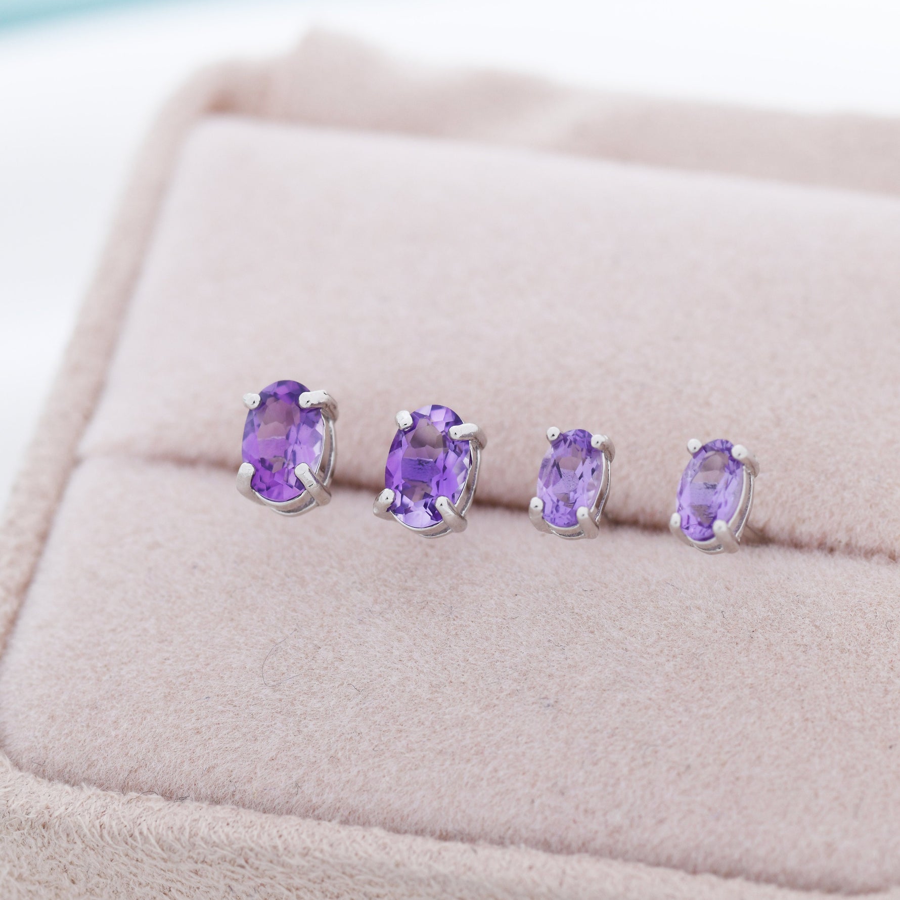 Genuine Amethyst Crystal Stud Earrings in Sterling Silver, Natural Purple Amethyst Oval Stud Earrings, February Birthstone