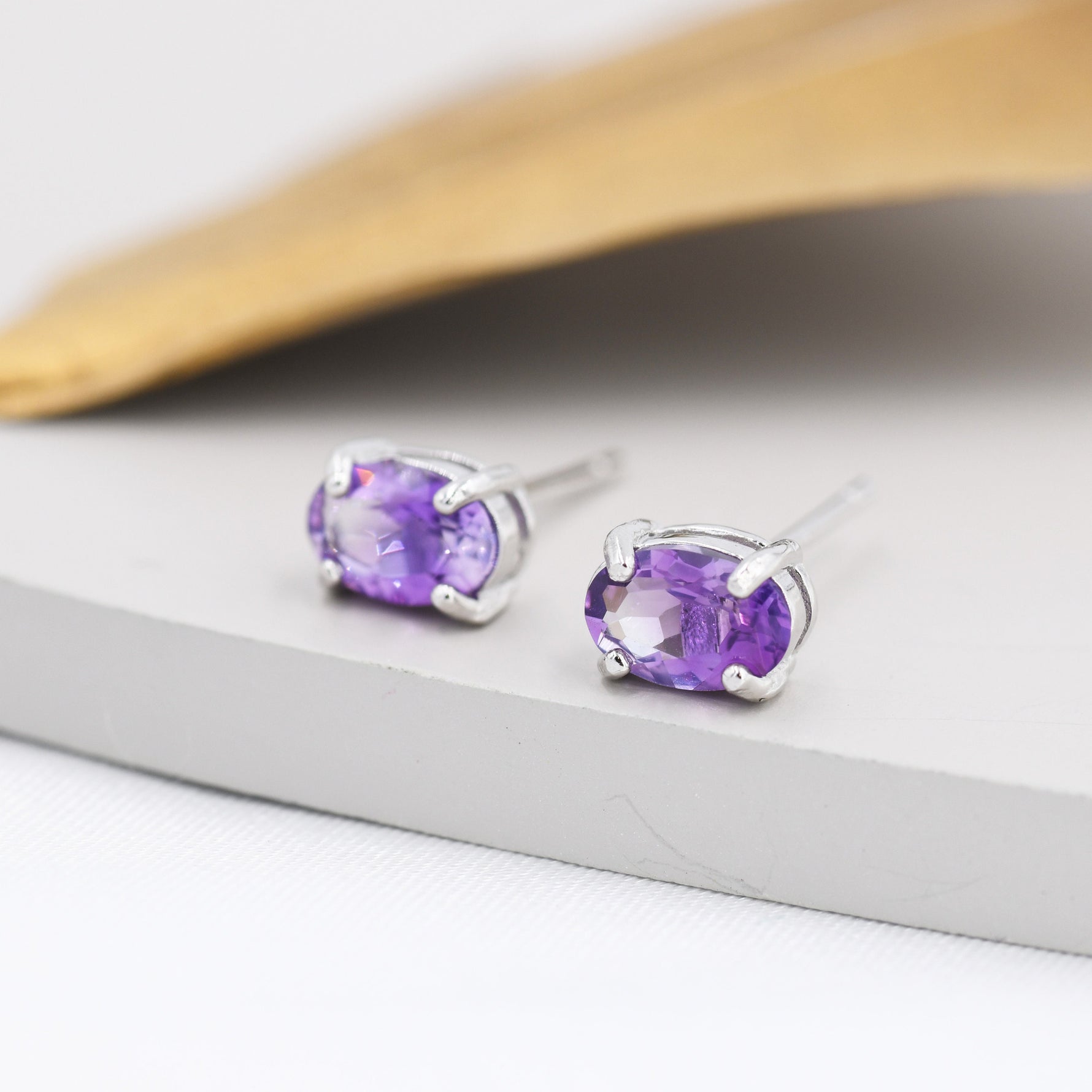 Genuine Amethyst Crystal Stud Earrings in Sterling Silver, Natural Purple Amethyst Oval Stud Earrings, February Birthstone