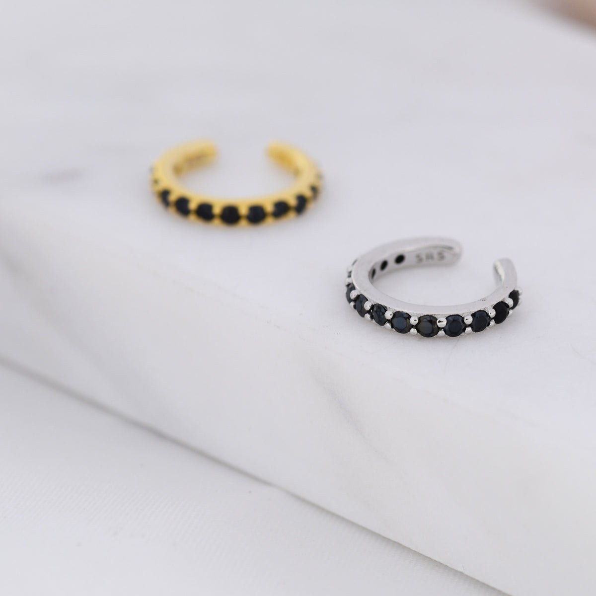 Black CZ Ear Cuff in Sterling Silver, Silver or Gold, Simple Piercing Free Earrings, Minimalist Ear Cuff, Black Diamond Ear Cuff