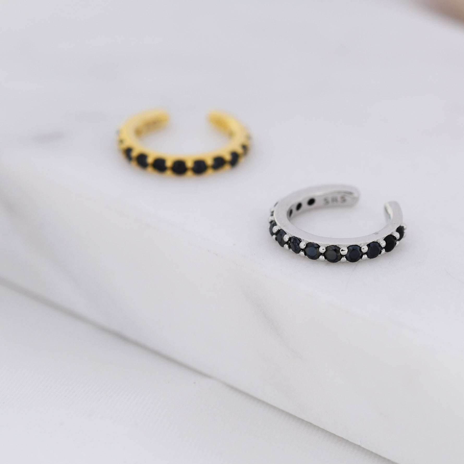 Black CZ Ear Cuff in Sterling Silver, Silver or Gold, Simple Piercing Free Earrings, Minimalist Ear Cuff, Black Diamond Ear Cuff