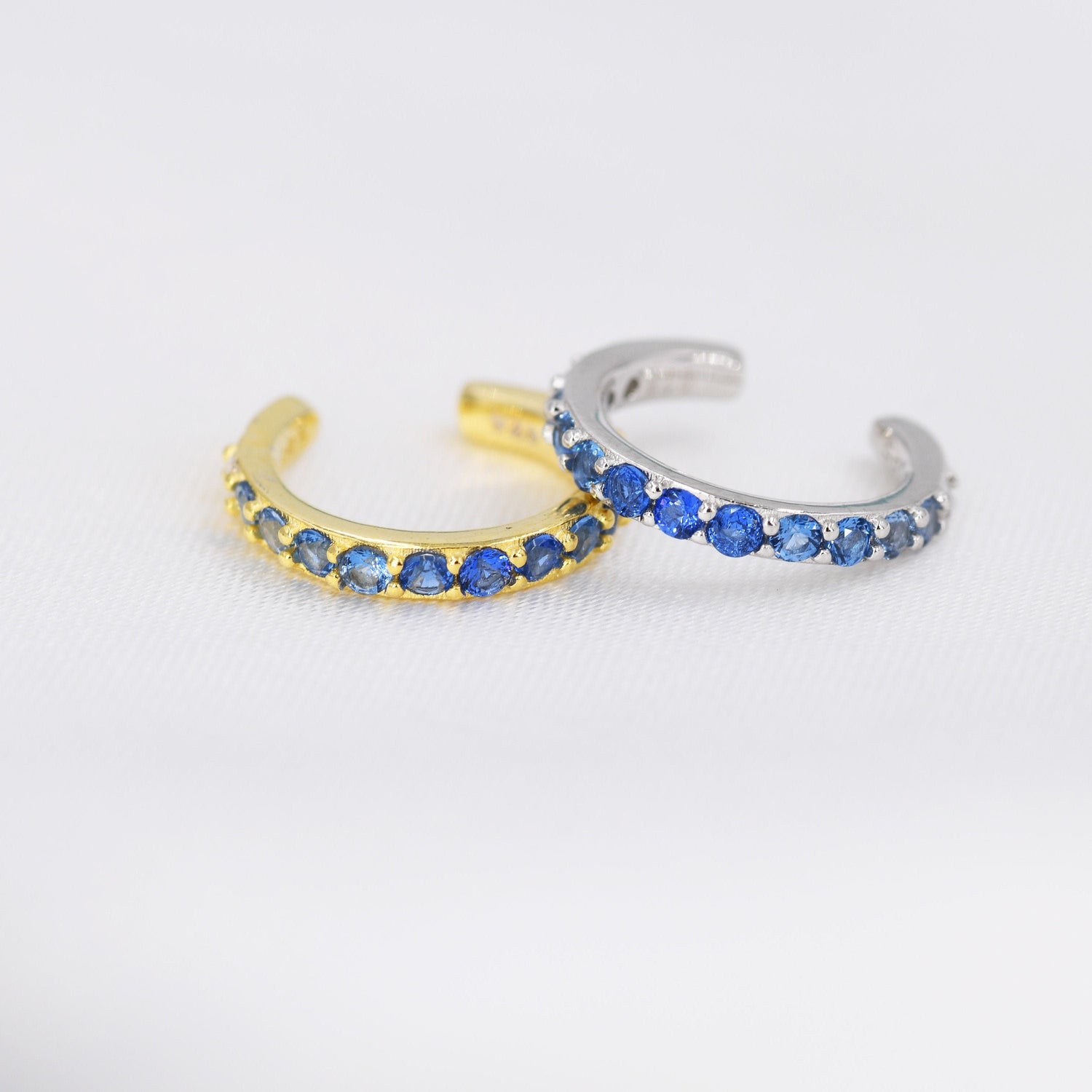 Sapphire Blue Ombre CZ Ear Cuff in Sterling Silver, Silver or Gold, Simple Piercing Free Earrings, Minimalist Ear Cuff, Blue CZ Ear Cuff
