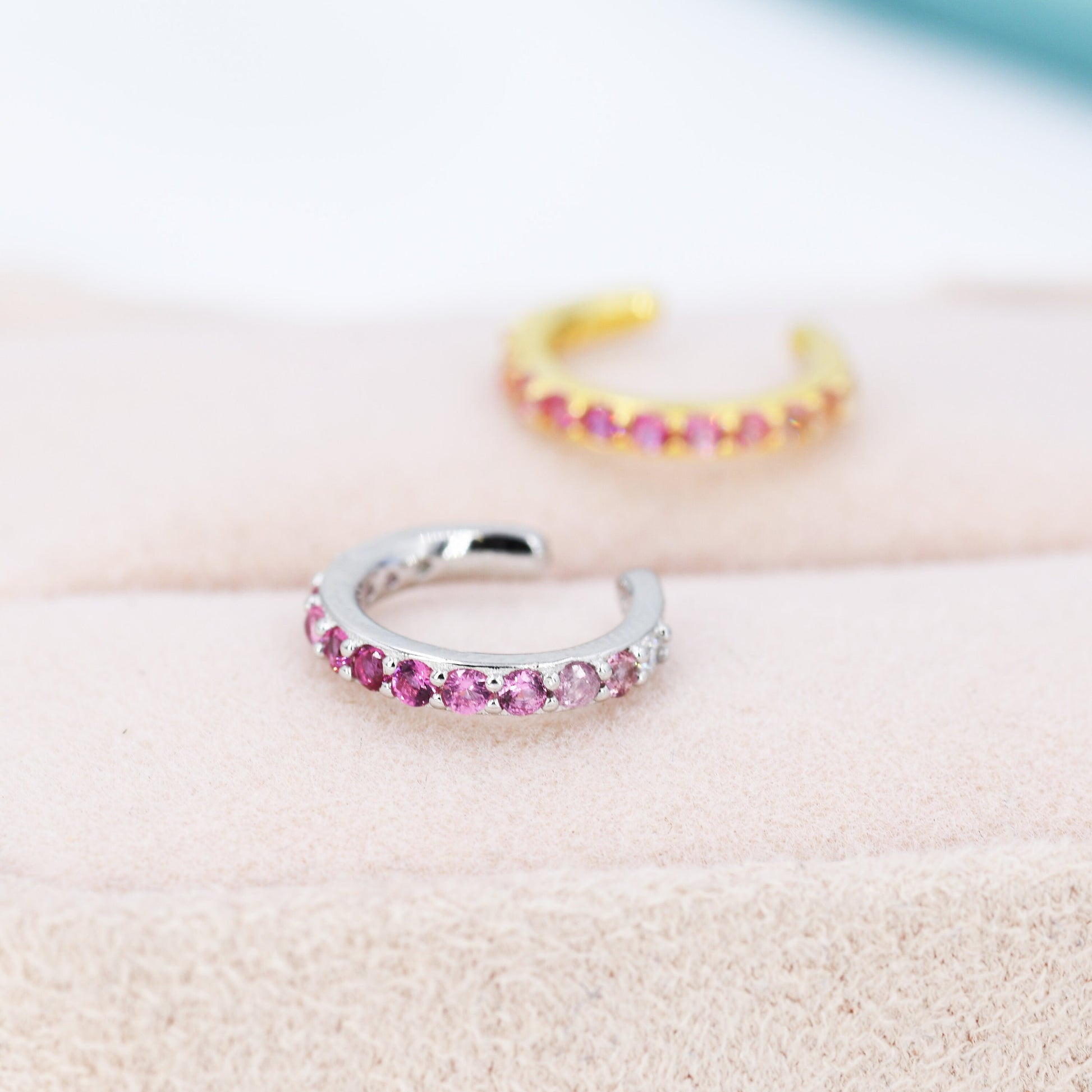 Ruby Red Ombre CZ Ear Cuff in Sterling Silver, Silver or Gold, Simple Piercing Free Earrings, Minimalist Ear Cuff, Pink CZ Ear Cuff