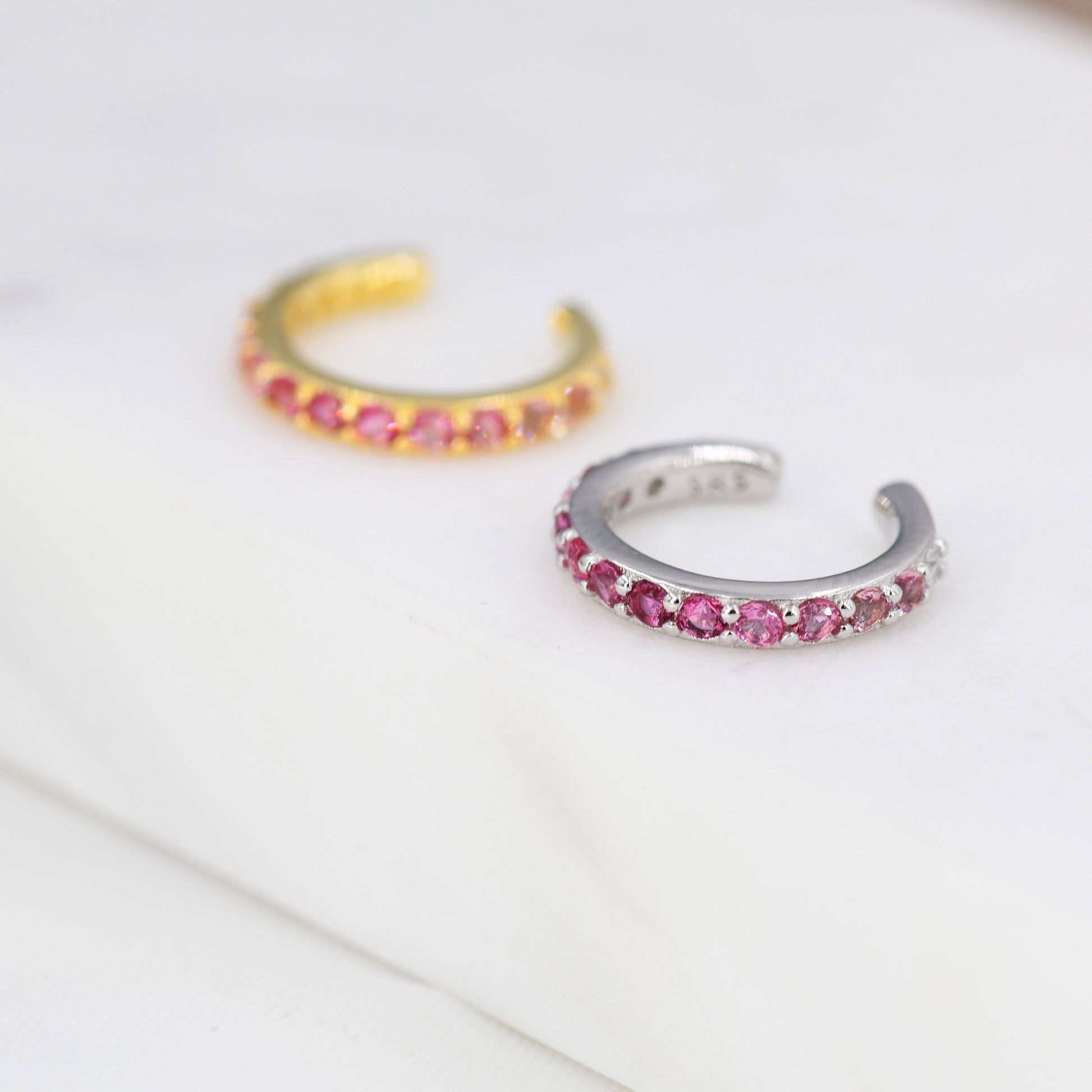 Ruby Red Ombre CZ Ear Cuff in Sterling Silver, Silver or Gold, Simple Piercing Free Earrings, Minimalist Ear Cuff, Pink CZ Ear Cuff