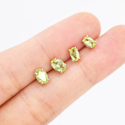 Genuine Green Peridot Crystal Stud Earrings in Sterling Silver, Natural Green Peridot Oval Stud Earrings, August Birthstone