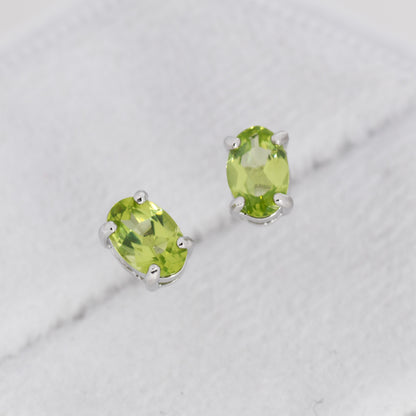 Genuine Green Peridot Crystal Stud Earrings in Sterling Silver, Natural Green Peridot Oval Stud Earrings, August Birthstone