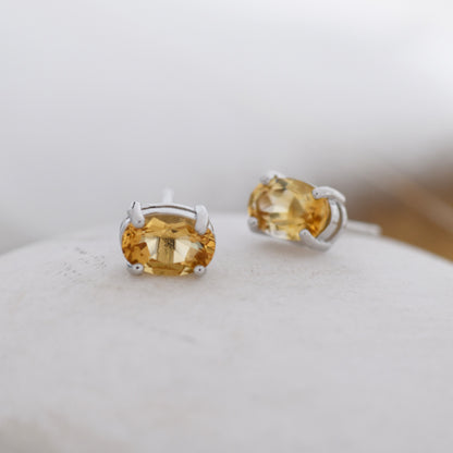 Genuine Citrine Crystal Stud Earrings in Sterling Silver, Natural Yellow Citrine Oval Stud Earrings, November Birthstone