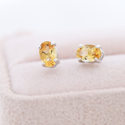 Genuine Citrine Crystal Stud Earrings in Sterling Silver, Natural Yellow Citrine Oval Stud Earrings, November Birthstone