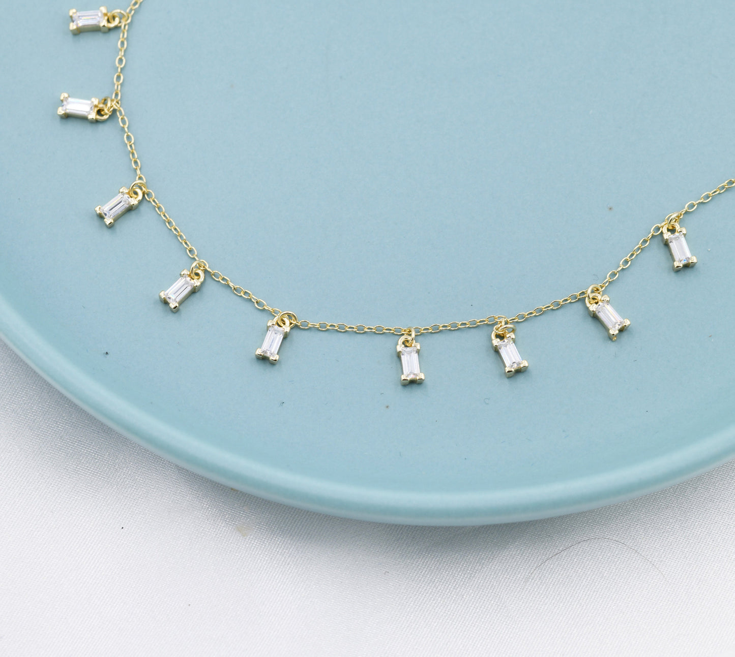 Multi Baguette CZ Necklace in Sterling Silver, 14ct Gold Coated Sterling Silver, Baguette Charm Necklace