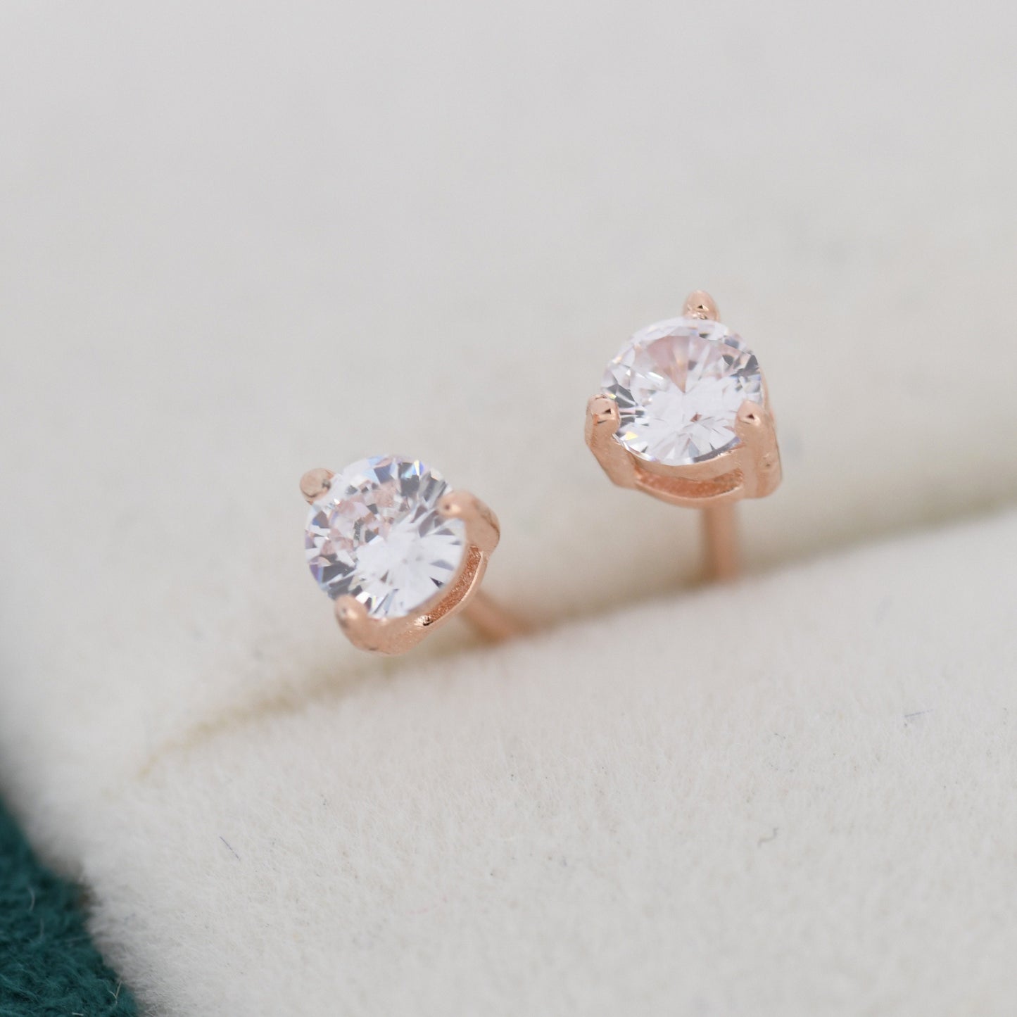 Sterling Silver Three Prong CZ Stud Earrings in Sterling Silver, Silver or Gold or Rose Gold, 3mm CZ, Diamond Stud