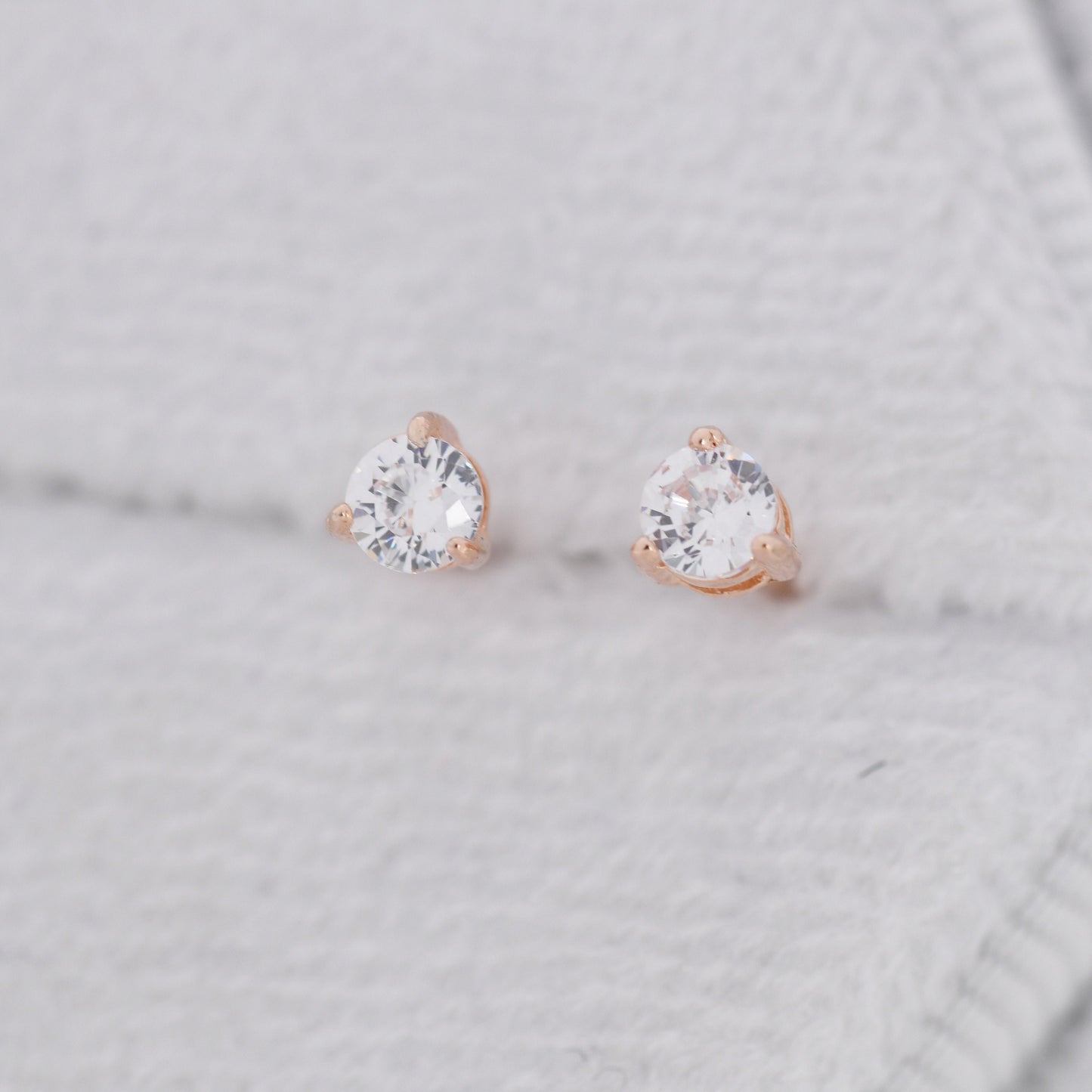 Sterling Silver Three Prong CZ Stud Earrings in Sterling Silver, Silver or Gold or Rose Gold, 3mm CZ, Diamond Stud