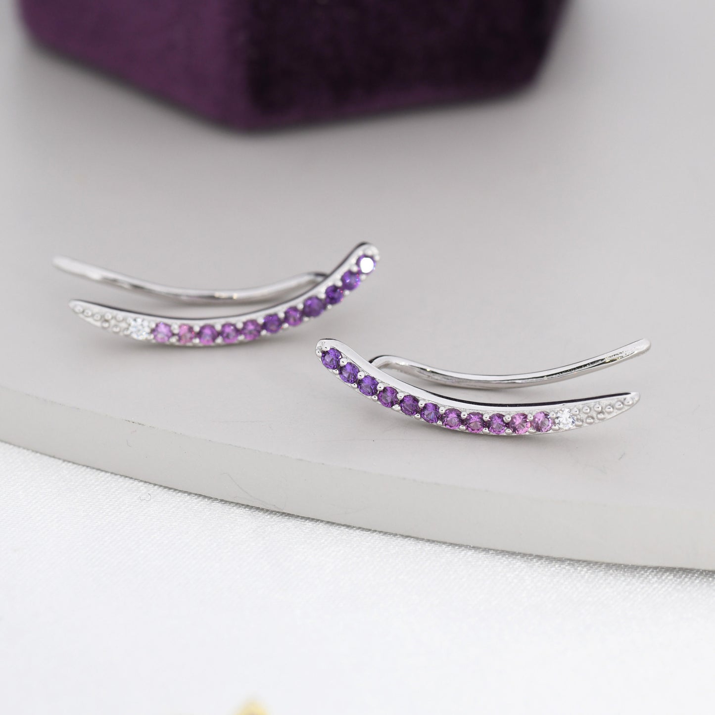 Ombre Amethyst Purple CZ Crawler Earrings in Sterling Silver, Silver or Gold, Gradient Colour Ear Crawlers, February Birthstone Ear Climbers
