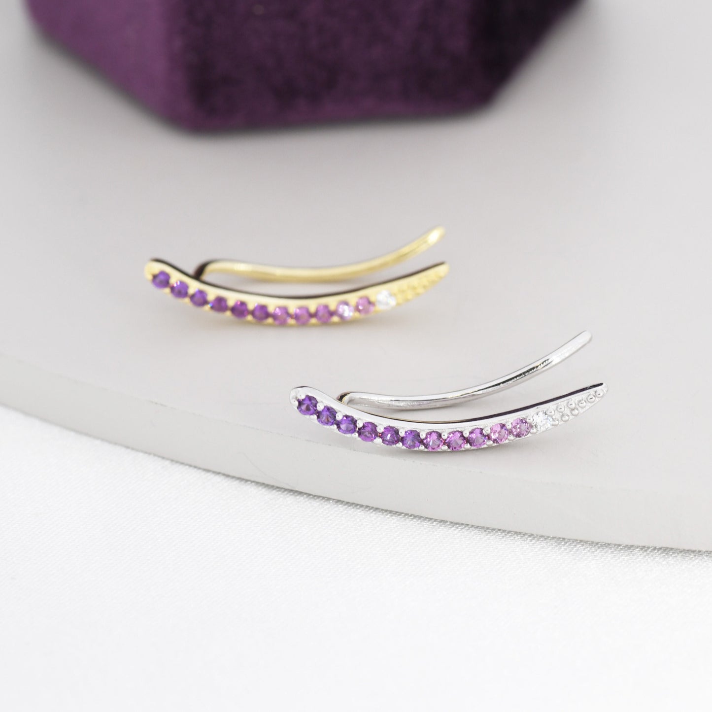 Ombre Amethyst Purple CZ Crawler Earrings in Sterling Silver, Silver or Gold, Gradient Colour Ear Crawlers, February Birthstone Ear Climbers