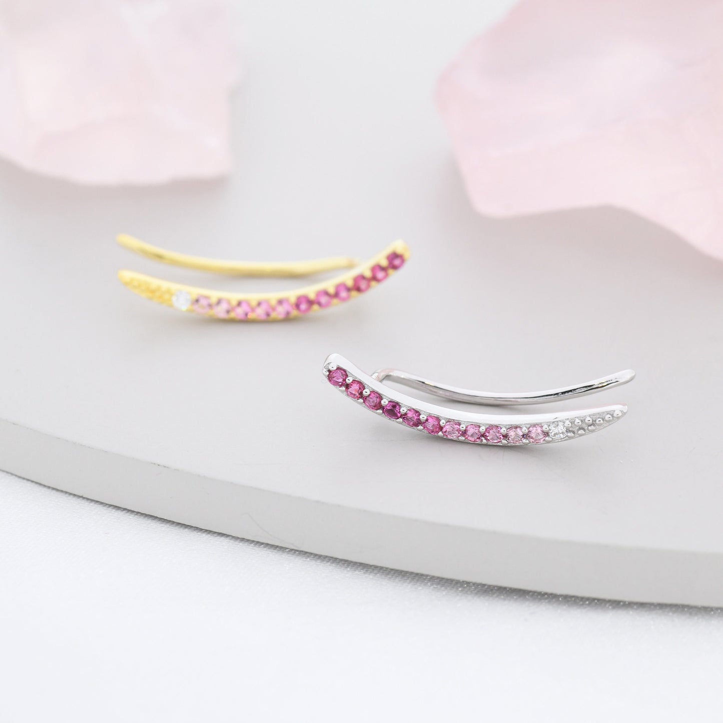 Ombre Ruby Pink CZ Crawler Earrings in Sterling Silver, Silver or Gold, Gradient Colour Ear Crawlers, July Birthstone Ear Climbers