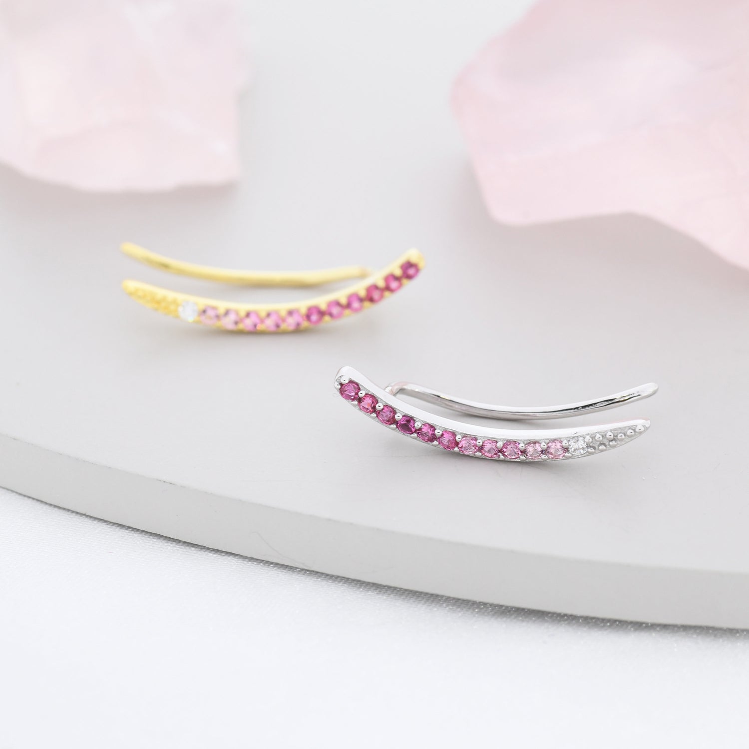 Ombre Ruby Pink CZ Crawler Earrings in Sterling Silver, Silver or Gold, Gradient Colour Ear Crawlers, July Birthstone Ear Climbers