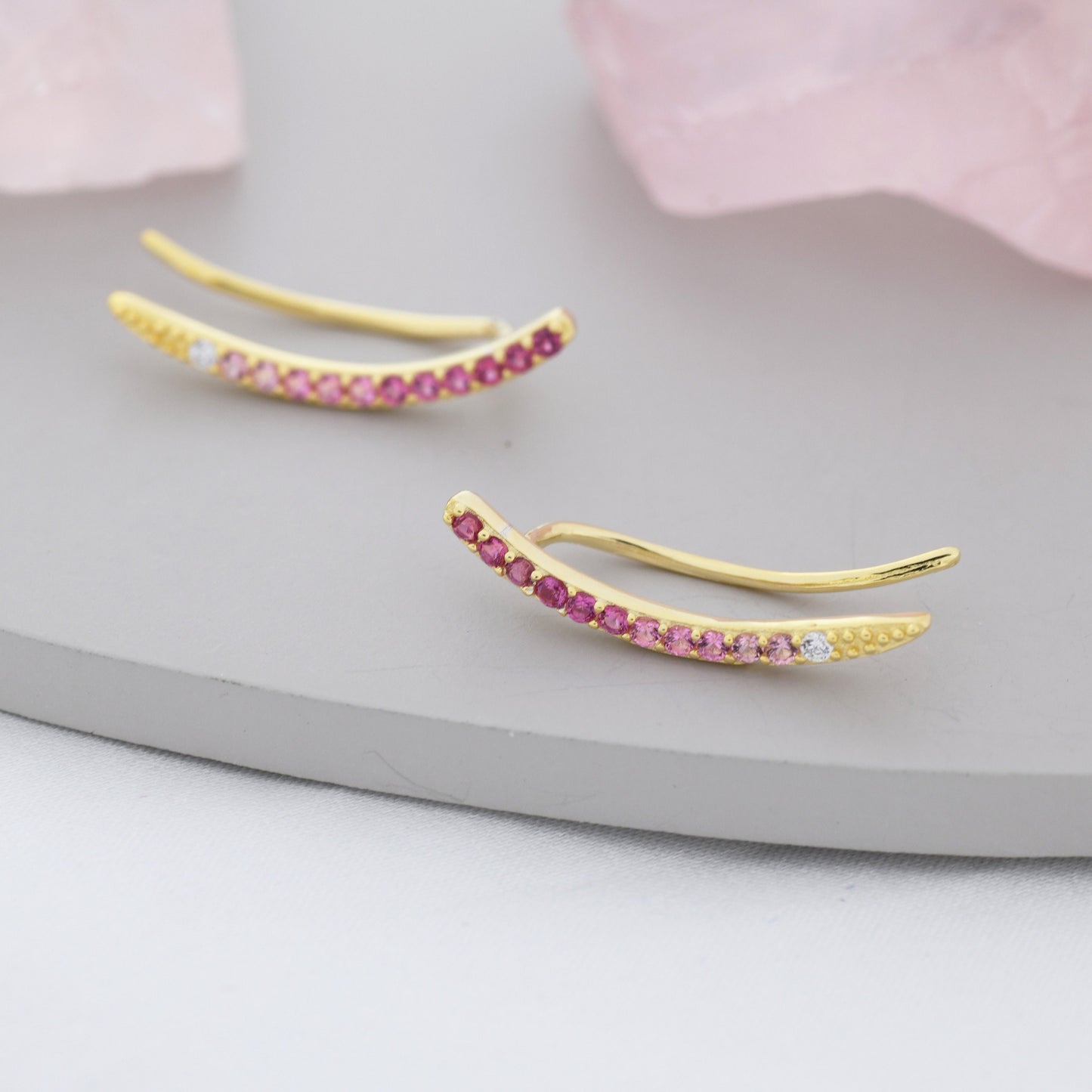 Ombre Ruby Pink CZ Crawler Earrings in Sterling Silver, Silver or Gold, Gradient Colour Ear Crawlers, July Birthstone Ear Climbers