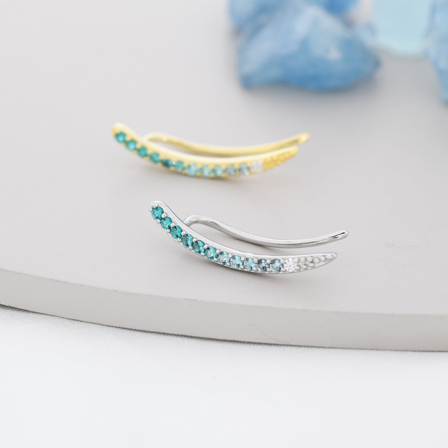 Ombre Emerald Green CZ Crawler Earrings in Sterling Silver, Silver or Gold, Gradient Colour Ear Crawlers, May Birthstone Ear Climbers