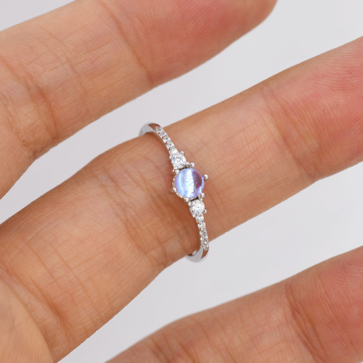Sterling Silver Simulated Moonstone Ring with CZ Crystals, Stacking Ring, Silver Skinny Ring, Size US 5-8