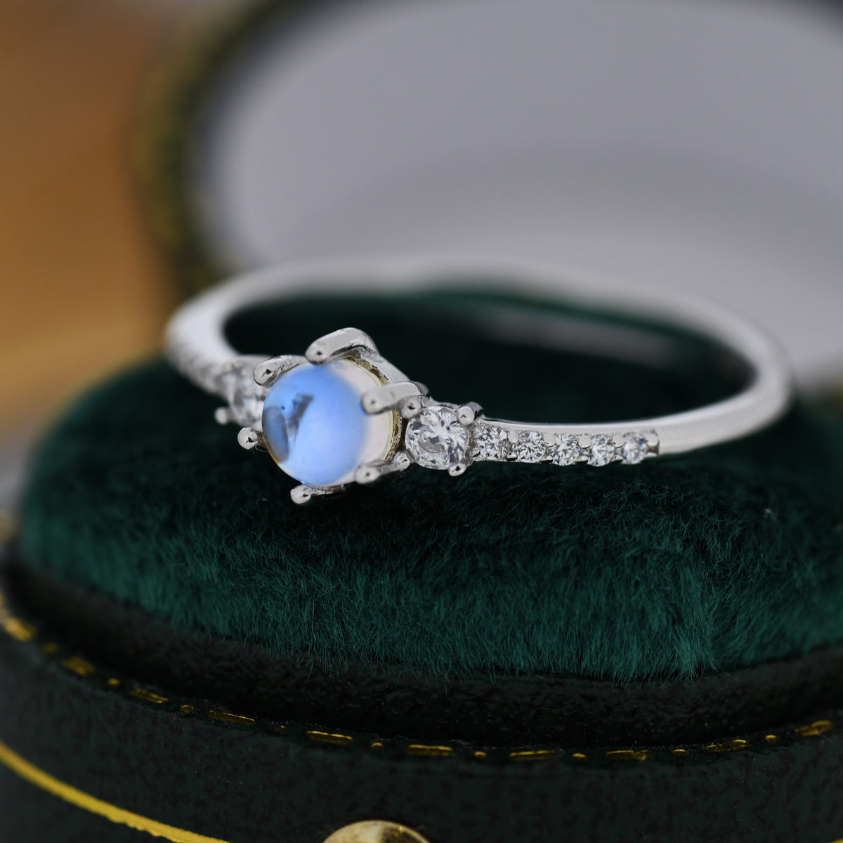 Sterling Silver Simulated Moonstone Ring with CZ Crystals, Stacking Ring, Silver Skinny Ring, Size US 5-8