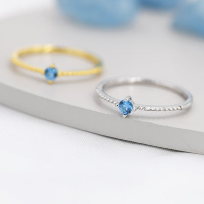 Aquamarine Blue CZ Ring in Sterling Silver, Silver or Gold, Delicate Stacking Ring, Nesting Band, Size US 6 - 8,  March Birthstone