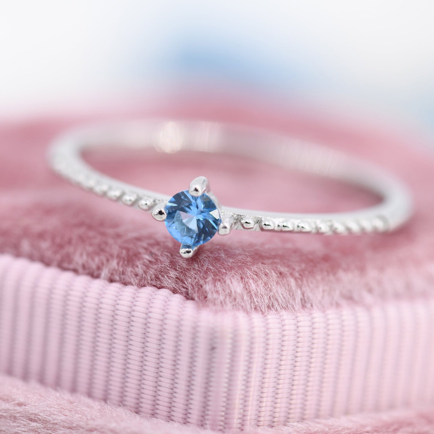 Aquamarine Blue CZ Ring in Sterling Silver, Silver or Gold, Delicate Stacking Ring, Nesting Band, Size US 6 - 8,  March Birthstone