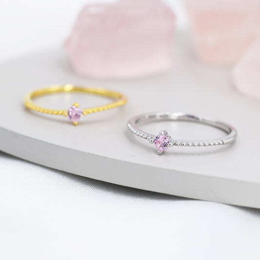 Tourmaline Pink CZ Ring in Sterling Silver, Silver or Gold, Delicate Stacking Ring, Pink CZ Skinny Band, Size US 6 - 8, October Birthstone