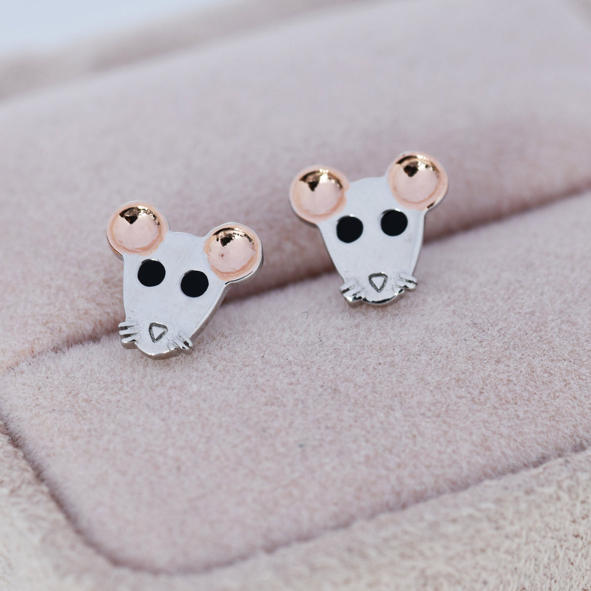 Mouse Stud Earrings in Sterling Silver, Sterling Silver Rat Earrings, Rose Gold Coated, Nature Inspired Animal Earrings