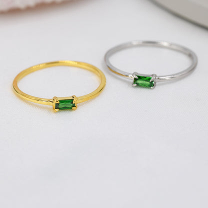 Emerald Baguette CZ Ring in Sterling Silver, Silver or Gold, Pronged Set, Minimalist Single Baguette CZ Ring US 5 - 8